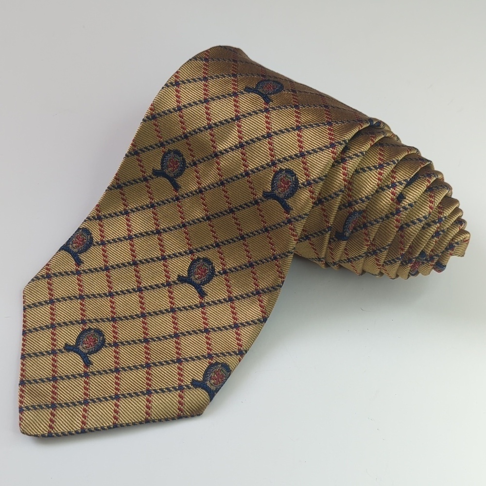 Tommy Hilfiger 90's Vintage Preppy Plaid Scattered Crest Logo Silk Neck Tie Tan